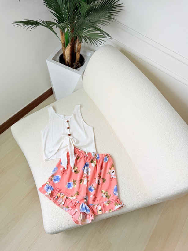 ست کراپ گره ای و شلوارک گلدار