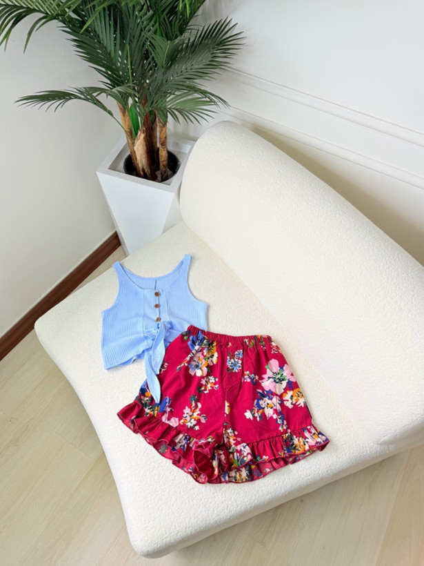 ست کراپ گره ای و شلوارک گلدار